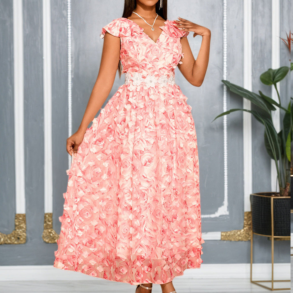 Women Clothing V neck Flounce Short Sleeved Dress Rose Three Dimensional Floral Waist a Swing Cocktail Elegant Dress Bella Mia