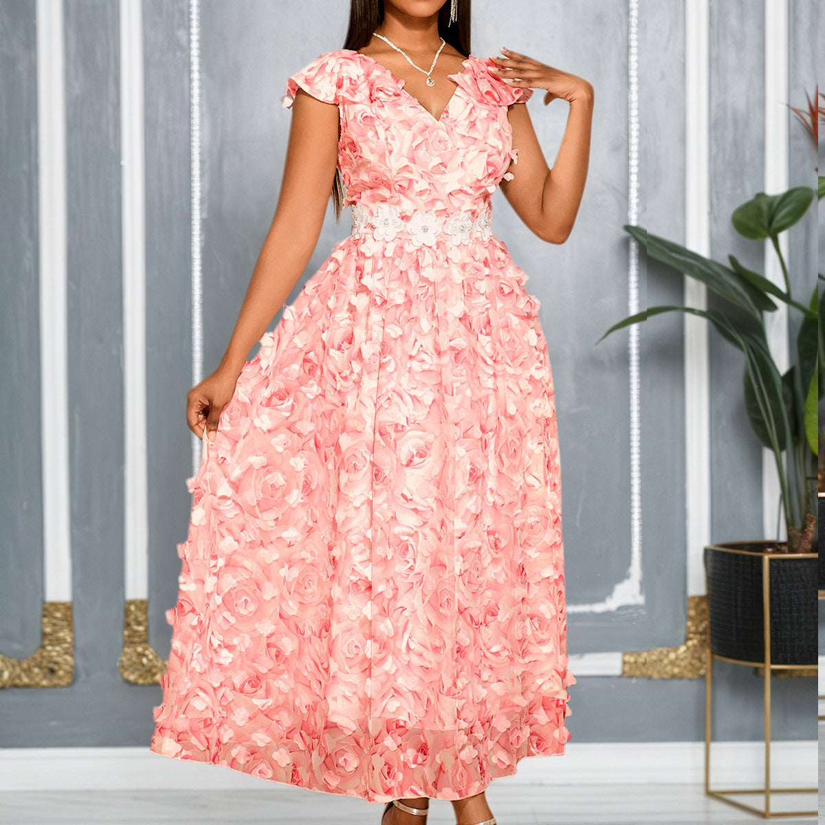 Women Clothing V neck Flounce Short Sleeved Dress Rose Three Dimensional Floral Waist a Swing Cocktail Elegant Dress Bella Mia