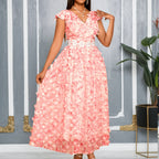 Women Clothing V neck Flounce Short Sleeved Dress Rose Three Dimensional Floral Waist a Swing Cocktail Elegant Dress Bella Mia
