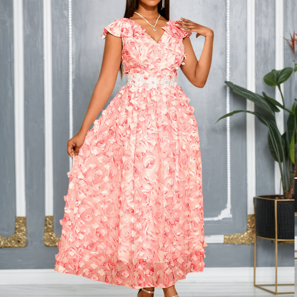 Women Clothing V neck Flounce Short Sleeved Dress Rose Three Dimensional Floral Waist a Swing Cocktail Elegant Dress Bella Mia