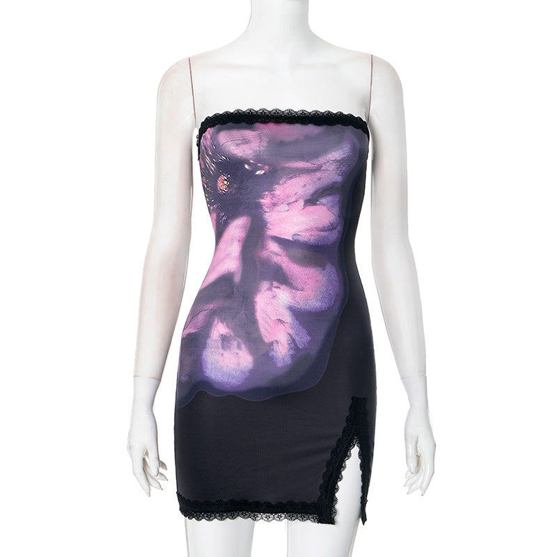 Women Clothing Spring Summer Tube Top Floral Print Lace Trim with Slit Sheath Dress Bella Mia