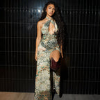 Women Clothing Elegant Halter Deep V Plunge neck Backless Waist Tight Slit Dress Abstract Printing Dress Women Bella Mia