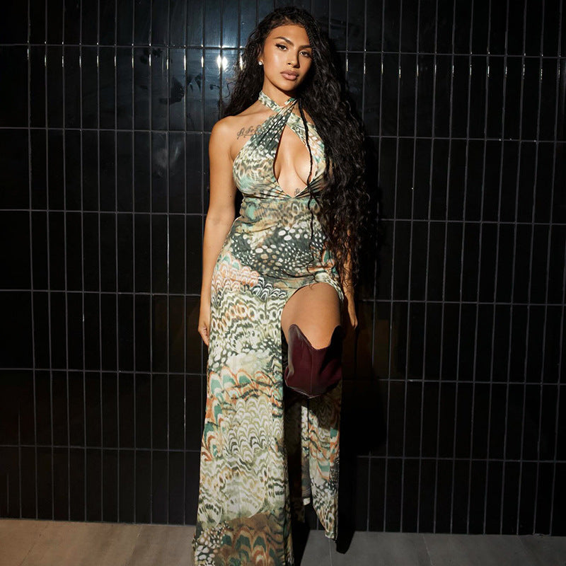 Women Clothing Elegant Halter Deep V Plunge neck Backless Waist Tight Slit Dress Abstract Printing Dress Women Bella Mia