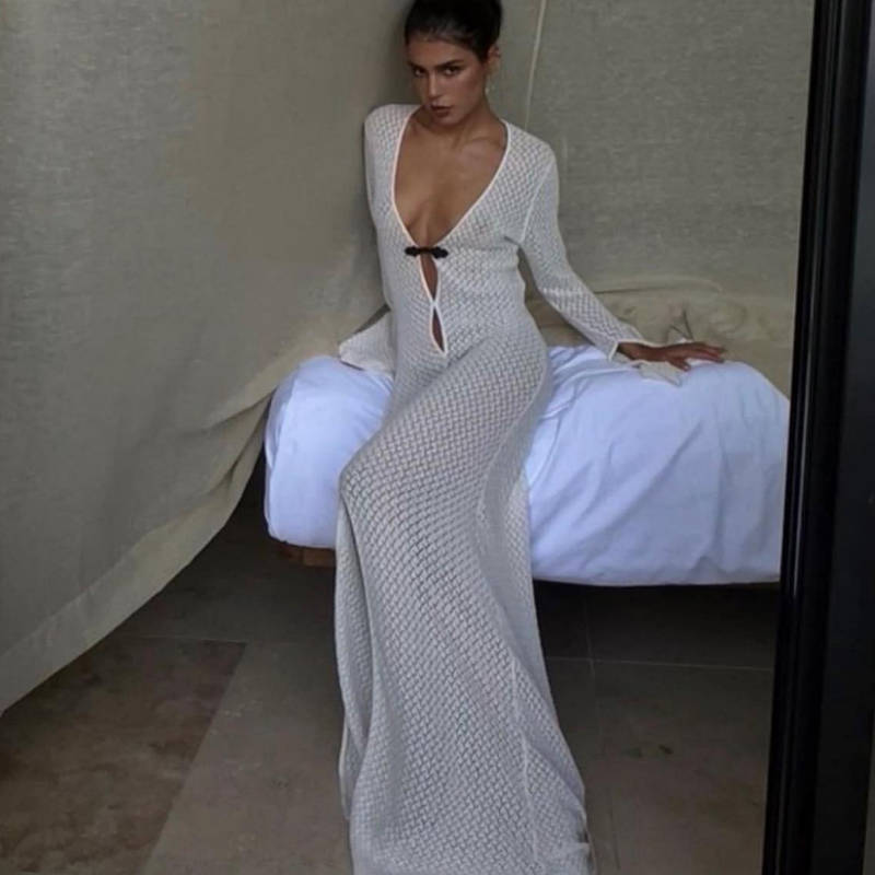 Hollow Out Cutout out Split Dress Beach Cover up V neck Beach Dress Long Mopping Fishtail Evening Dress for Women Bella Mia
