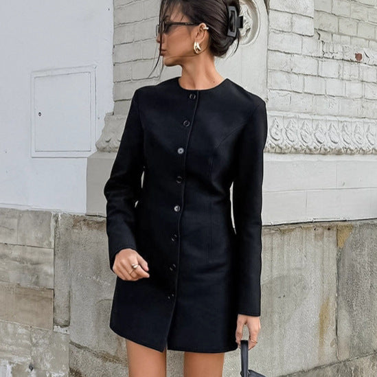 Autumn Niche Design round Neck Long Sleeve Waist Tight Slim Fit A line Dress Elegant Long Blazer for Women Bella Mia