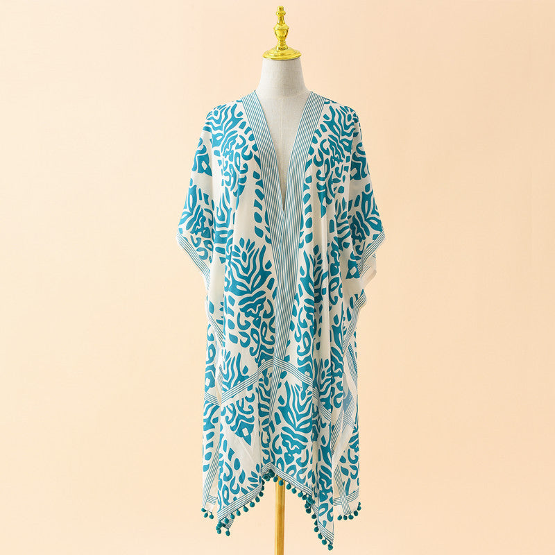 Spring Summer Striped Floral Print Pattern Chiffon Sun Protective Blouse Ball Decorative Cardigan Bella Mia