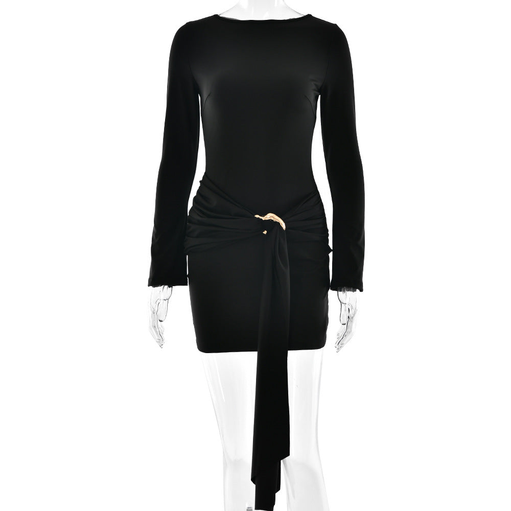 Sexy Elegant Women Slim Fit round Neck Hip Dress Arrival Lace up Tight Long Sleeve Dress Bella Mia