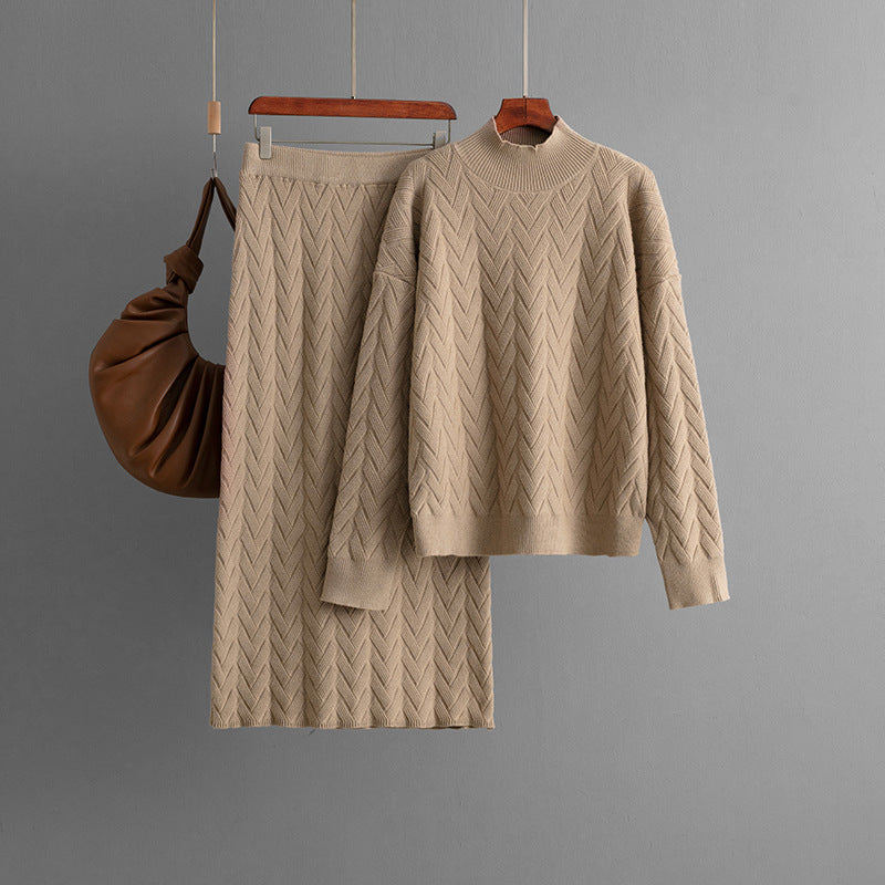 Autumn Winter Jacquard Half High Collar Long Sleeves Knitwear Pullover Top Skirt Two Piece Set Bella Mia
