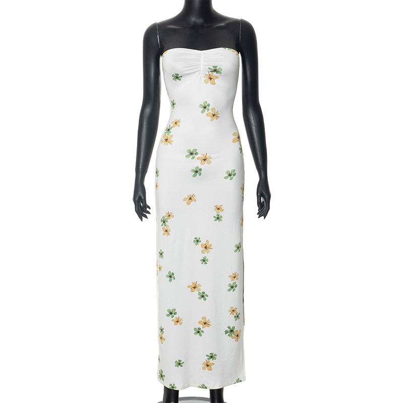 Plant Floral Print Tube Top Slit Maxi Dress Women Clothing Spring Summer Bella Mia