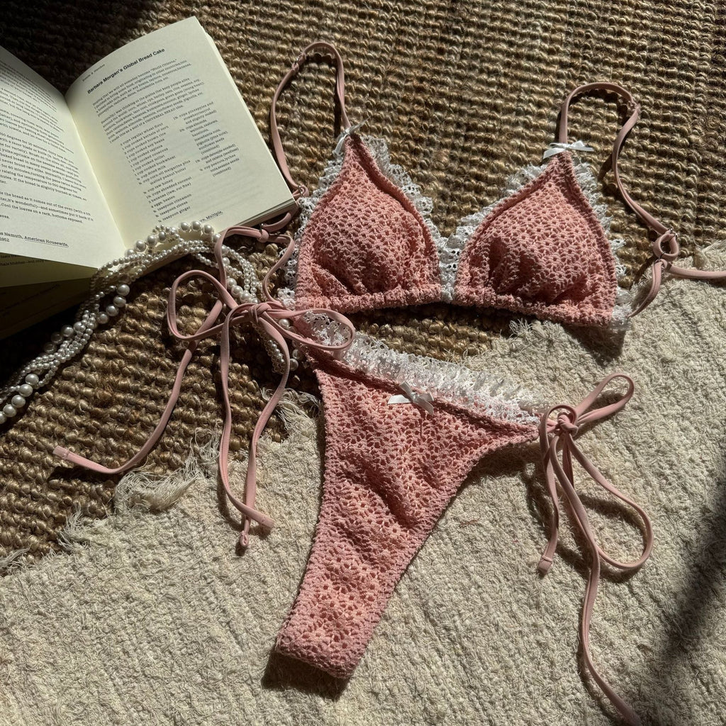 Contrast Color Bow Flounce Trim Lace up Sexy Backless Split Swimsuit Bikini Bella Mia