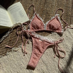 Contrast Color Bow Flounce Trim Lace up Sexy Backless Split Swimsuit Bikini Bella Mia