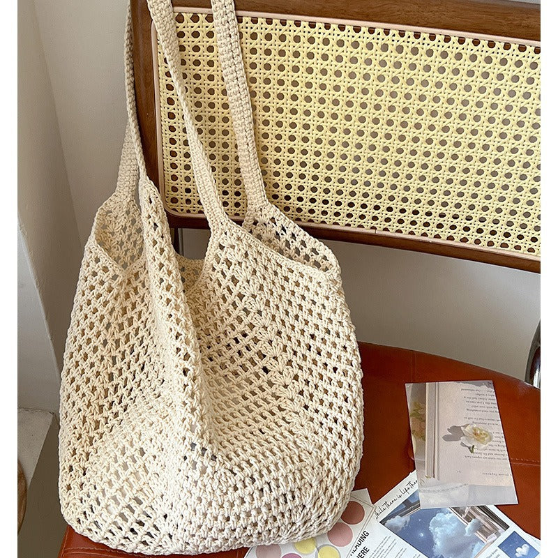 Casual Large Capacity Cotton Thread Woven Bag Hollow Out Cutout Straw Bag Idle Shoulder Bag Vacation Beach Bag Women Bag Bella Mia