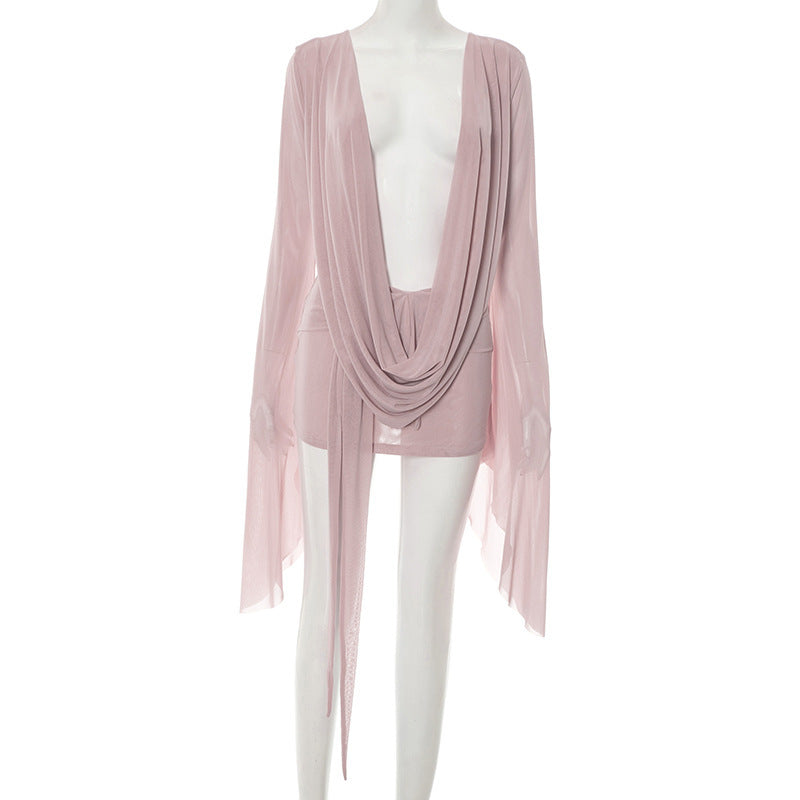 Women Clothing Summer Mesh Swing Collar Wide Hem Long Sleeve Backless Dress Bella Mia