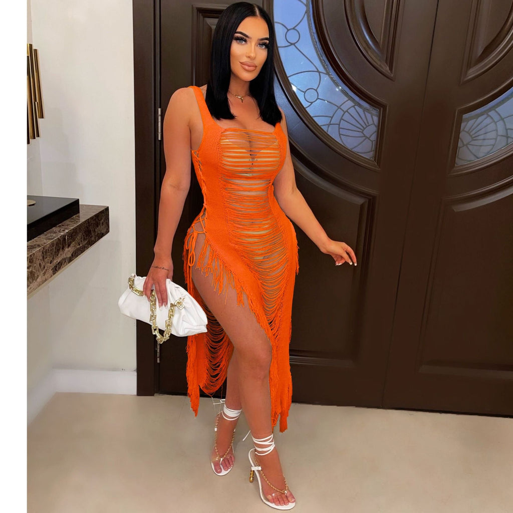 Spring Summer Women Dress Sexy Hollow Out Cutout Beach Cover Up Tassel Beach Dress Bella Mia