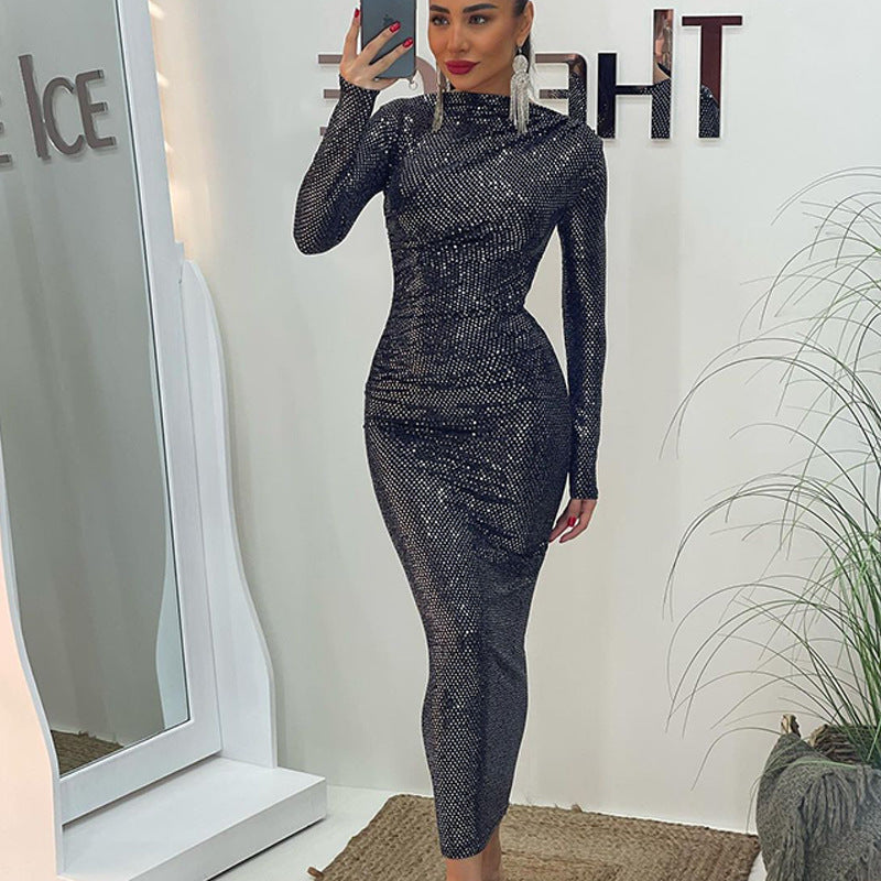 Women Sequin Design Slim Fit Graceful Tight Sexy Long Sleeve Narrow Dress Women Bella Mia