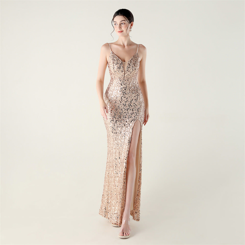 Bead Tube Sequin Spaghetti Strap High Slit Evening Dress Cross Tied Slim Fit Slimming Dinner Social Women Bella Mia