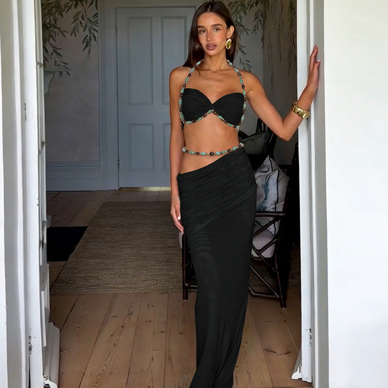 Spring Women Clothing Solid Color Sleeveless Halter Small Sling High Waist Sexy Hip Bag Slim Skirt Two Piece Sets Bella Mia