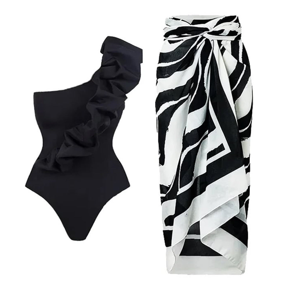 Oblique Shoulder Black One Piece Swimsuit Women Vacation Suit Skirt Swimsuit Bella Mia