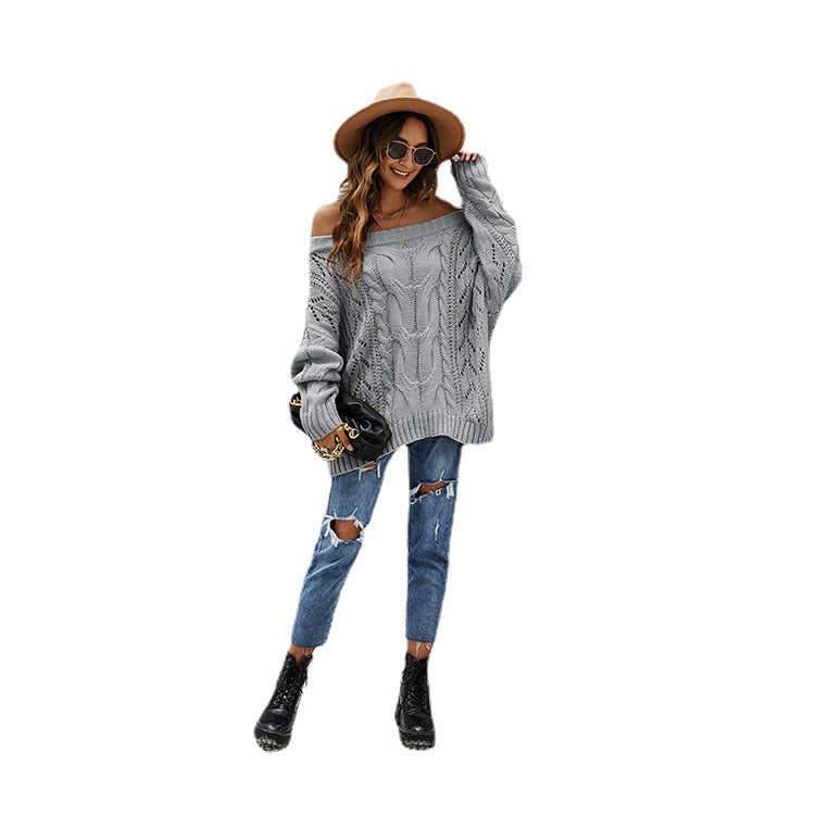 Autumn Winter off-Shoulder Plus Size Loose Sweater off-Shoulder Solid Color Pullover Sweater Women Bella Mia