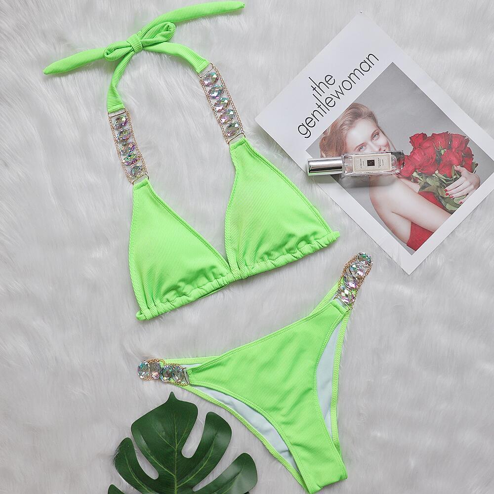Bikini Plain Women Split Strap Luxury Diamond Swimsuit Sexy Metal Chain Accessories Swimwear Bella Mia