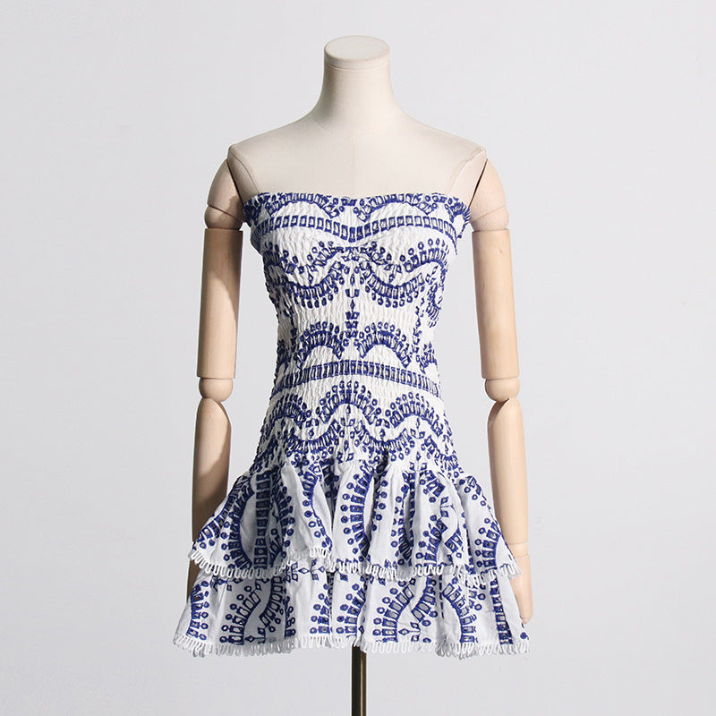 Spring Sexy Sexy Elastic Waist Tube Top Embroidered Ruffled Short Dress for Women Bella Mia
