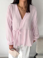 Spring Autumn Cotton Linen Solid Color V neck Trousers Comfortable Soft Shirt Women Bella Mia