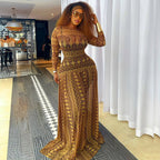 Elegant Retro Women Waist Slimming Micro Transparent A line Printing round Neck Long Sleeved Dress Bella Mia