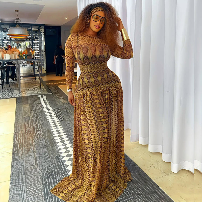 Elegant Retro Women Waist Slimming Micro Transparent A line Printing round Neck Long Sleeved Dress Bella Mia