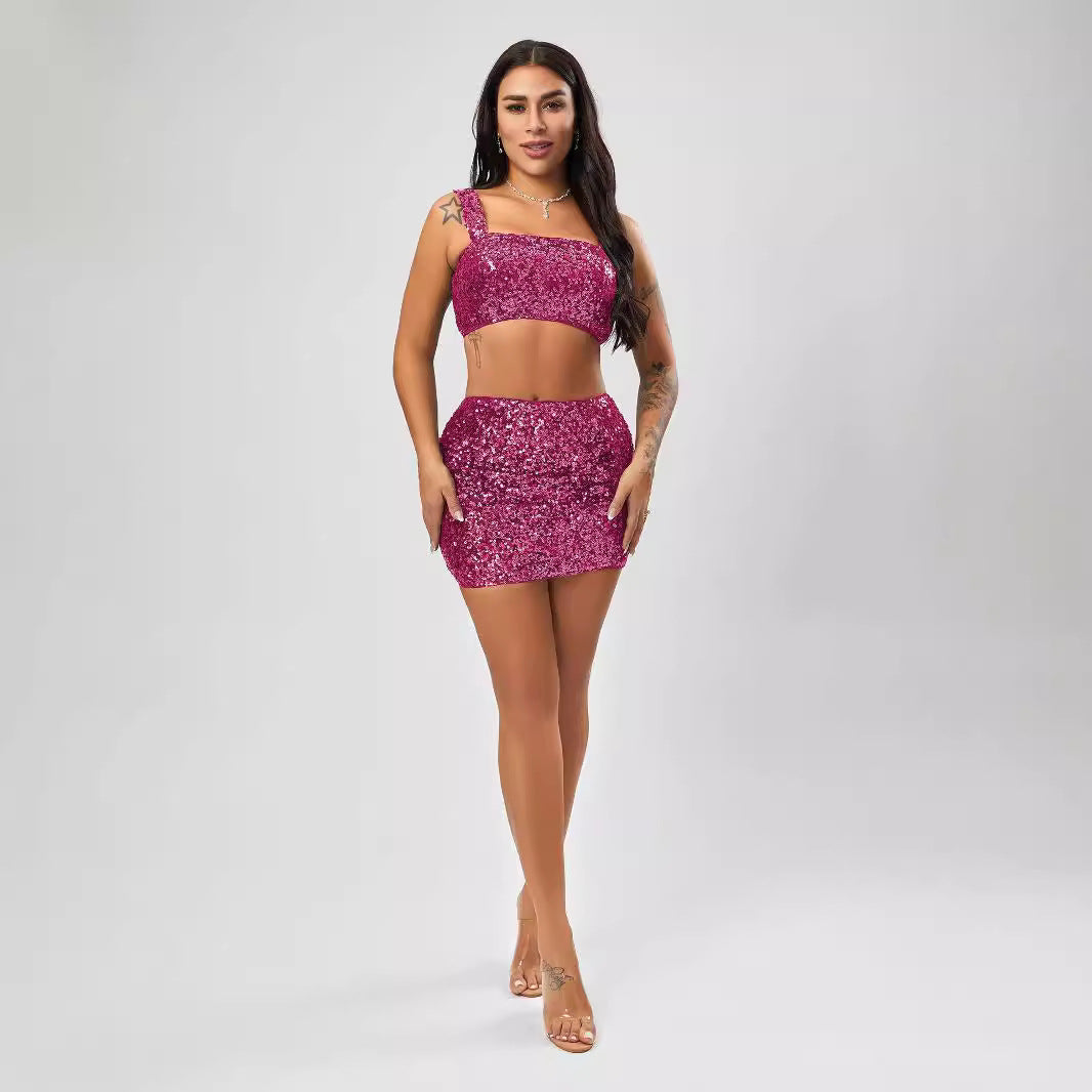 Women Clothing Sexy Tight Mini Skirt High Grade Light Luxury Party 2 Piece Set Sequined Skirt Bella Mia