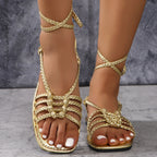 Casual Ankle Ring Bandage Cloth Flat Sandals Women Arrival Knitted Belt Open Toe Golden Beach Sandals
