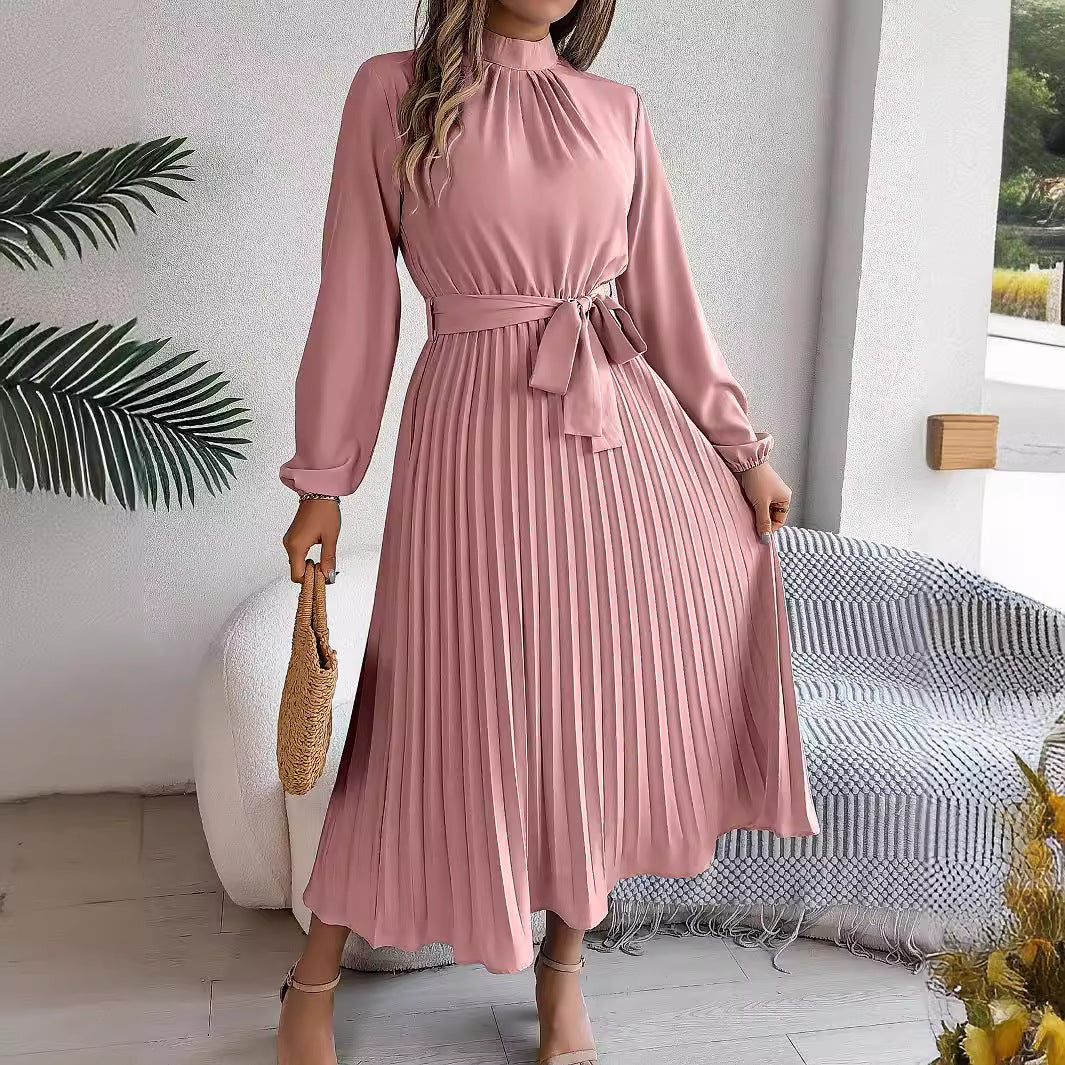 Autumn Winter Elegant Stand Collar Long Sleeve Cinched Pleated Maxi Dress Small Dress Women Clothing Bella Mia