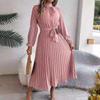 Autumn Winter Elegant Stand Collar Long Sleeve Cinched Pleated Maxi Dress Small Dress Women Clothing Bella Mia