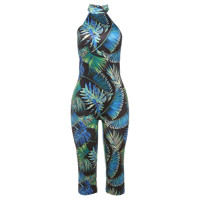 Summer Sexy Backless Halter Lace up Leopard Print Hip Raise Skinny Jumpsuit for Women Bella Mia