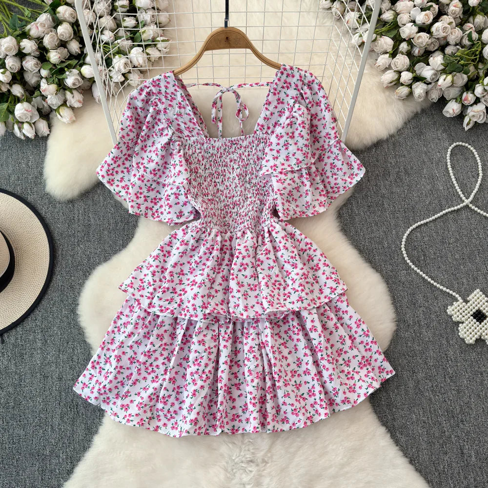 Design Summer Ruffle Sleeve Retro Pleated Floral Skirt