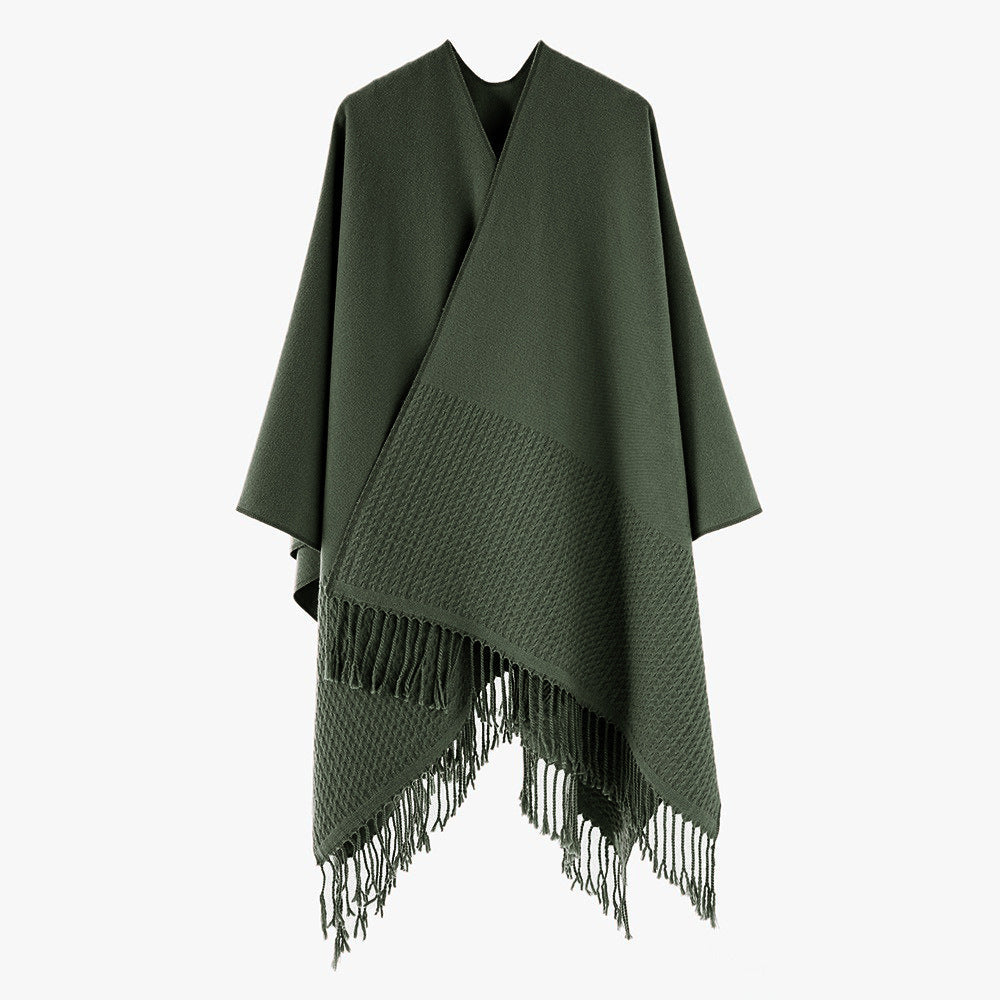 Solid Color Cashmere like Tassel Large Split Shawl Warm Monochrome Cape Plain Shawl Bella Mia
