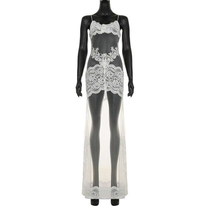 Summer Women Mesh Lace Lace Spaghetti Strap Dress See through Sexy Nightdress Vacation Maxi Dress Bella Mia