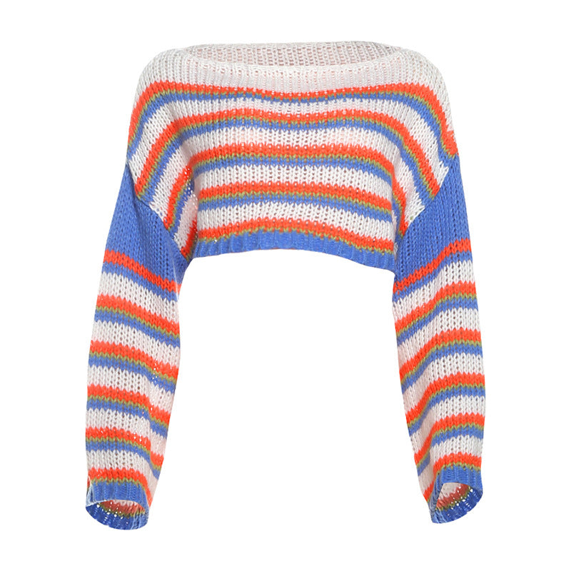 Fall Women Clothing Casual Personality Blue Stitching Long Sleeves Cropped Pullover Sweater Bella Mia
