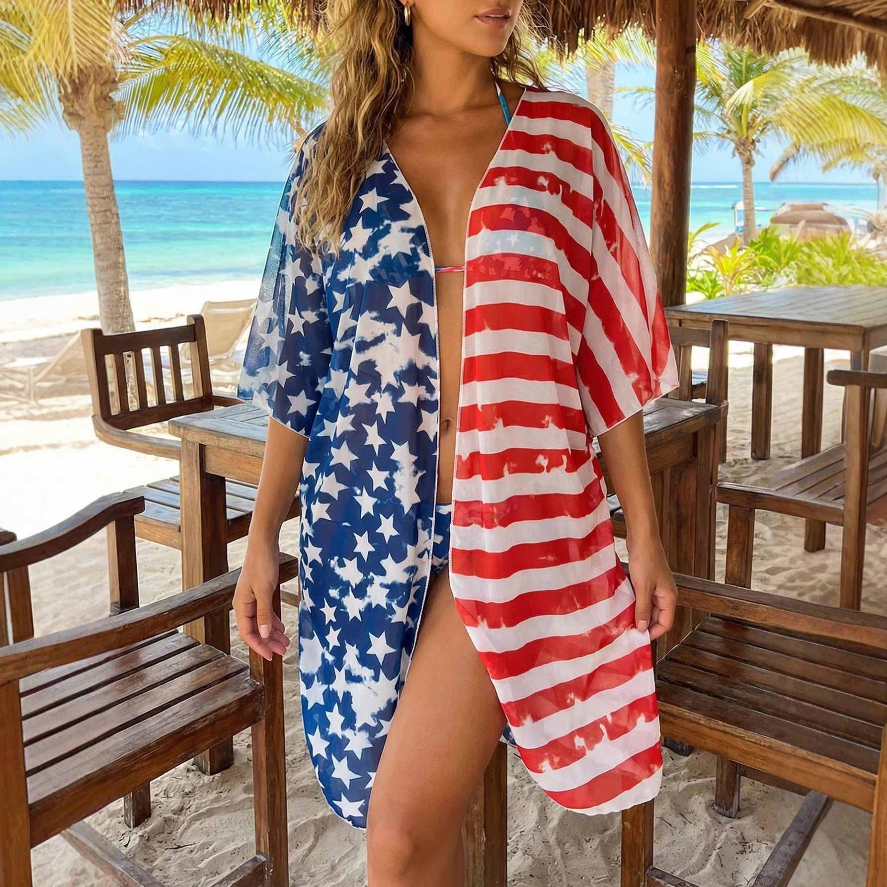 Women Sun Protection Cardigan Women Clothing Contrast Color Striped Stitching Batwing Sleeve Beach Coat Beach Cover Up Bella Mia