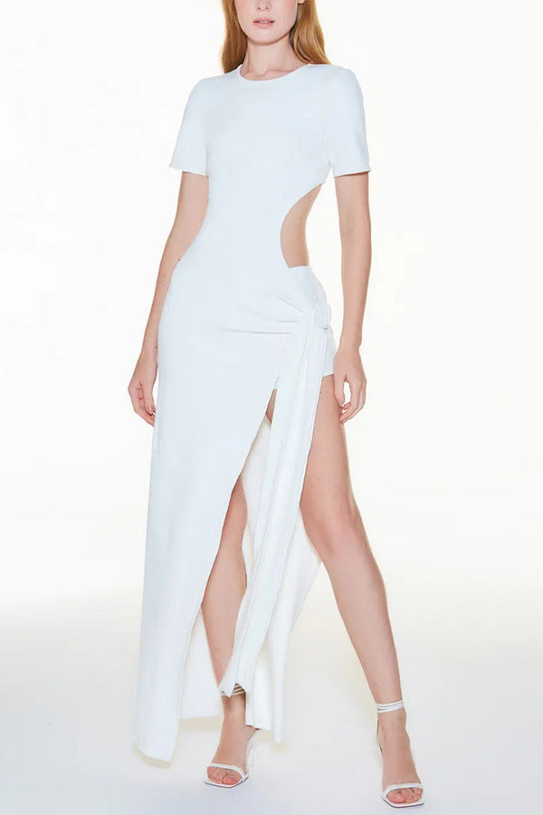 Spring Summer Backless Lace up Slim Fit Sexy Slit Solid Color Street Dress Bella Mia