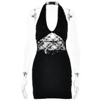 Spring Dress Sexy Trend V neck Halter Lace Stitched Backless Dress Bella Mia