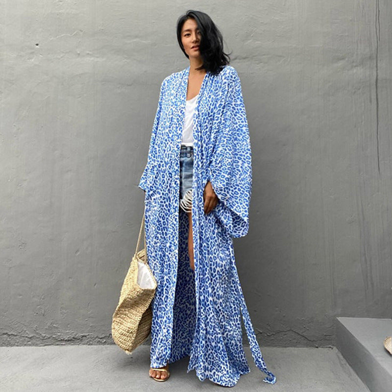 Leopard Print Long Cardigan Loose Beach Sun Protection Coat Beach Cover Up Swimsuit Outwear Women Bella Mia