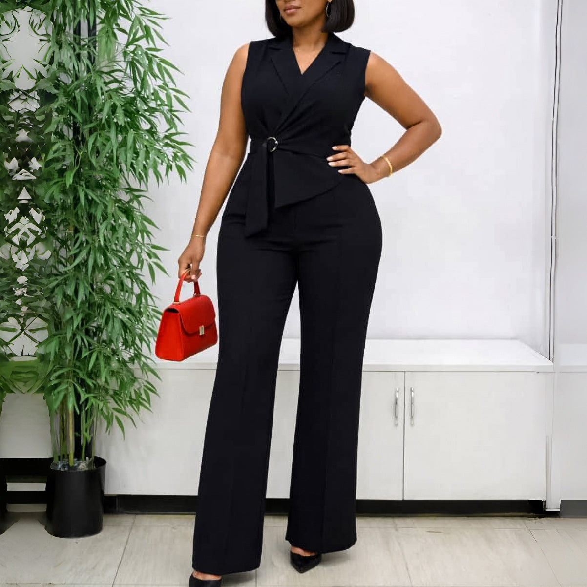 Summer Solid Color Sleeveless Collar Lace up Wide Leg Pants Jumpsuit Bella Mia