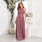 Sleeveless Suspender Dress Shiny Sequined Party Dress A line Collar Lace up Full Lining Long Dance Dress Bridesmaid Dress Bella Mia