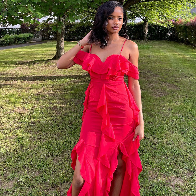 Women Clothing Solid Color Dress Sexy Spaghetti Straps Sleeveless Ruffled Irregular Asymmetric Maxi Dress Bella Mia