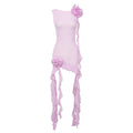 Sexy Pink Semi Transparent Lace Net Yarn Floral Ribbon round Neck Backless Dress Vacation Dress Bella Mia