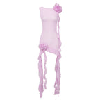 Sexy Pink Semi Transparent Lace Net Yarn Floral Ribbon round Neck Backless Dress Vacation Dress Bella Mia