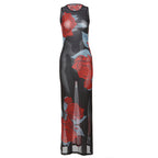 Summer Women Clothing Personalized Stylish Print Round Neck Slim Mesh Sexy Sheath Dress Bella Mia