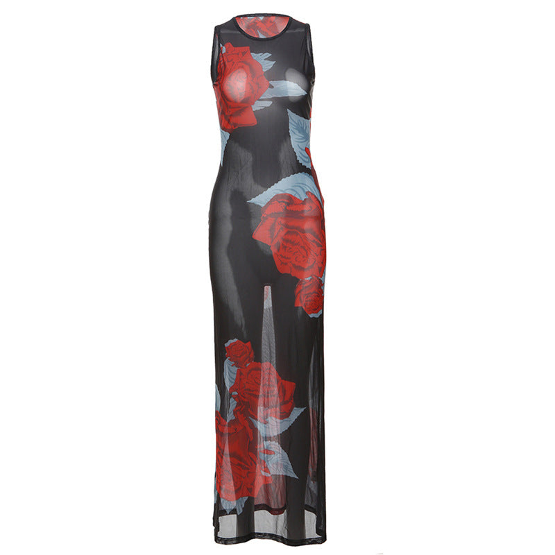 Summer Women Clothing Personalized Stylish Print Round Neck Slim Mesh Sexy Sheath Dress Bella Mia