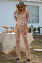 Women Solid Color Hand Crocheting Sexy Cutout Loose Wide Leg Pants Casual Women Woven Trousers Bella Mia