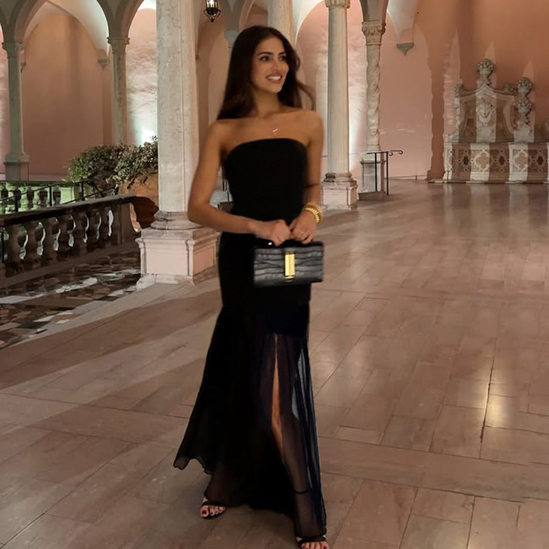 Graceful Tube Top Dress Chest Wrapped Strapless Sexy Vacation Hip Wrapped Mesh Split Dress Bella Mia